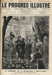 Tasavallan presidentin matka Montelimariin (Drome, Ranska): Emile Loubet (1838-1929) ja hänen äitinsä. Kaiverrus huhtikuussa 1899 ilmestyneeseen kirjaan "The illustrious progress". tekijältä Unknown artist
