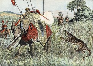 Walesin prinssin (silloisen Edvard VIII:n, silloisen Windsorin herttuan) (1894-1972) matka Britannian Intiaan, tässä tiikerinmetsästyksen aikana" (Prince Edward of Wales during a tiger hunting in the British India). tekijältä Unknown Artist