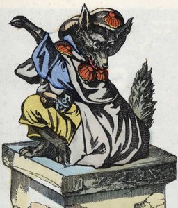 Susi istuu savupiipun päällä. Kuva tarinasta "Compere le Loup, Maitre Renard, Comere la Chevre et ses petits biquets" Jean de la Fontainen tarun mukaan. "" Tarinoita kodista pienimmille"". Anonyymi kaiverrus 1800-luvulta. tekijältä Unknown artist