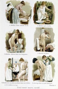 Nainen, kotilääkäri: vesi hoitokeinona. 1.Sairaan ihmisen sängyssä laitto, 2.palohoito, 3.vesihoito vuorotellen kylpyammeessa, 4.sadesuihku, 5.suihku keittiön hanaputkella, 6.kastelu pienessä sisätiloissa Nainen, kotilääkäri"" tekijältä Unknown artist