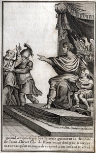 Theodosius I (Flavius Theodosius) (347-395), Rooman keisari, pidätti Amphiloquen, Iconen evequen, koska hän oli epäkunnioittanut poikaansa Arkadiosta (377-408). Eveque julistaa: "Kun suojelemme arialaisia, jotka kieltävät Jeesuksen Kristuksen, Jumalan Poja tekijältä Unknown artist