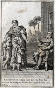 Theodosius I (Flavius Theodosius) (347-395), Rooman keisari, haluaa kahden poikansa, Arcadiuksen (377-408) ja Honoriuksen (384-423), nousevan kuuntelemaan opettajansa opetuksia. 4. vuosisadalla. Kaiverrus "Beaute de l