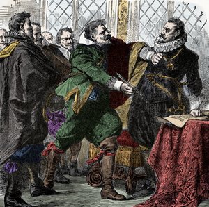 Kolmikymmenvuotinen sota: allekirjoita se, Nandel! - Kolmikymmenvuotinen sota (1618-1648): Kreivi Paul Jakob von Starhemberg (1560-1635) pyytää keisari Ferdinand II:ta (1578-1637) allekirjoittamaan sopimuksen rauhan palauttamiseksi Böömeen tekijältä Unknown artist