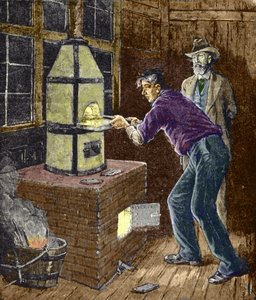 Thomas Edison kokeilee vuoden 1879 tienoilla hiilipaperia hehkulamppua varten. tekijältä Unknown artist