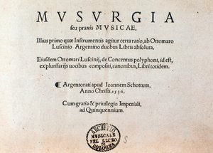 Musurgian käytännön musiikin käsikirjan nimisivu (1536) tekijältä Unknown artist