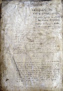 Käsikirjoituksen otsikkosivu: Saint Gréalin valloitus, kirjoitettu 717 vuotta herramme intohimosta. Bibliotheque Municipale de Rennes, ms. 255 (Pyöreän pöydän romaanien kokoelma); Pariisi tekijältä Unknown artist