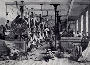 Tupakkatehdas, pesutupa ja tupakkarappaus. Kaiverrus noin 1867. Paris, Musee Carnavalet tekijältä Unknown artist