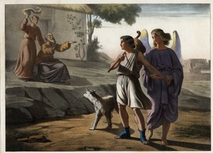 Tobie lähtee enkelin mukana (hänen vanhemmat tervehtivät häntä, mukaan lukien Tobit, hänen isänsä). Anonyymi kaiverrus 1800-luvun puolivälistä. tekijältä Unknown artist