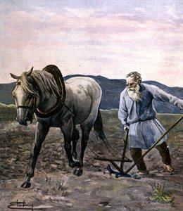 Tolstoi kyntämässä. Kaiverrus 1800-luvun lopulla. tekijältä Unknown artist
