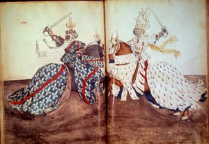 Turnaus: Peli kutsuvasta lordista ja vastaajasta (Bretagnen herttua ja Bourbonin herttua kasvot). Käsikirjoitus "" Kirja turnauksista"" (Folio 32v - folio33), kirjoittanut Rene d