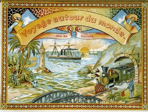Juna, majakka ja vene, kansipeli "" Matka maailman ympäri", a.n.d. 19. tekijältä Unknown artist