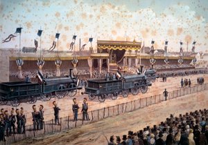 Liikenne: Pariisin ja Strasbourgin välisen rautatien vihkiminen käyttöön. 1864. Kaiverrus Paris, B.N. tekijältä Unknown artist