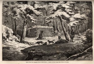 Matkailijan talvimökki kauniilla niityllä (Kanada), turvapaikka ansojalle ja heidän kelkkailulle. Kaiverrus havainnollistamaan matkaa Atlantilta Tyynellemerelle (route du nord ouest par les terres), vuosina 1862-1864 varakreivi Miltonin ja tohtori Cheadlen tekijältä Unknown artist