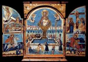 Neitsyt Triptyykki, elämän lähde Keskipaneeli: Neitsyt ylittää ihmeellisen vesisuihkulähteen. Vasemmalla ylösnousemus ja laskeuma. Alla ritari (Saint George), joka kaataa lohikäärmeen. Oikealla ristiinnaulitseminen ja ritarin sanapeli tekijältä Unknown artist