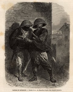 Kaksi roniinia (samurai menettänyt isäntänsä) seisomassa väijytyksessä. Kaiverrus havainnollistamaan matkaa Japaniin vuosina 1863-1864, Sveitsin valaliiton ministeri Aime Humbert "" Le tour du monde, nouveau journal des voyages" -julkaisussa, joka julkaist tekijältä Unknown artist