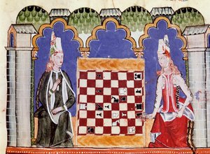 Kaksi naista pelaamassa shakkia. Miniatyyri Alfonso X Viisaan tai Savantin käsikirjoituksesta "" Libro de los juegos" (espanjaksi Alfonso X el Sabio tekijältä Unknown artist