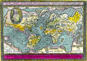 Universaali maantieteellinen kartta (maailmankartta) vuodelta 1596. Kaiverrus. Yksityinen kokoelma. tekijältä Unknown artist