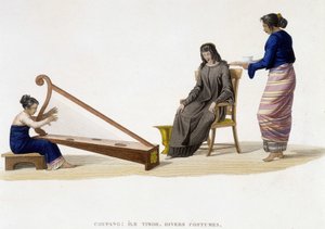 Erilaisia naisten pukuja Timorin saarelta (Coupang). tekijältä Unknown artist