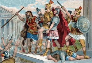 Vespasianus (latinaksi Titus Flavius Vespasianus) (9-79) julistettiin keisariksi hänen sotilaidensa toimesta. Kromolitografia noin 1890. tekijältä Unknown artist