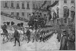 Wien 1889: Prinssi Rodolphin (Habsburgin arkkiherttua Rodolph (1858 - 1889), Itävallan kruununprinssi) hautajaiset. Kulkue Ranskan suurlähetystön edessä. tekijältä Unknown artist