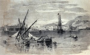 Näkymä Korfulle Kreikassa Vidon saarelta. Kaiverrus 1800-luvun alusta tekijältä Unknown artist