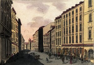 Näkymä Kohlmarkt-kadulle Wienissä, Itävallassa Kaiverrus vuodelta 1820 tekijältä Unknown artist