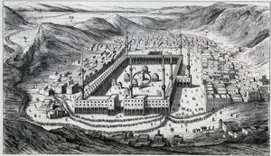 Näkymä Mekkaan ja sen suuresta moskeijasta pyhiinvaeltajien vierailun aikaan - 1800-luvun kaiverrus tekijältä Unknown artist