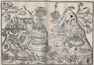 Näkymä Sibille-vuorelle (Kuningatar Sybillen paratiisi) (Kaksoiskartta Pilatus- ja Sibyl-vuoresta) - Antoine de La Sale (La Salle) Ranskalainen satiirinen kirjailija 1400-luvulta. tekijältä Unknown artist