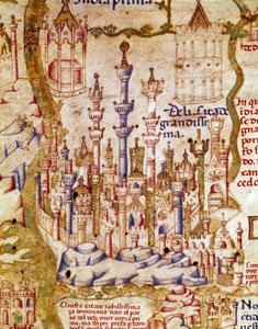 Näkymä Intian New Delhistä Yksityiskohta veli Mauruksen (Mauro) kamaldolilaisen maailmankartan (mappamundi) 1400-luvun Biblioteca Marciana, Venetsia tekijältä Unknown artist