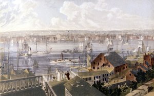 Näkymä New Yorkin satamaan. SD-litografia noin 1800-luvun puolivälissä. tekijältä Unknown artist