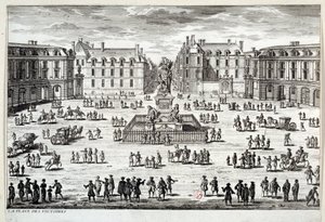 Näkymä Place des Victoires -aukiolle Pariisissa ja Ludvig XIV:n patsas, jonka Marechal de la Feuillade nosti vuonna 1686. Kaiverrus 1600-luvun Pariisista, Musee Carnavalet tekijältä Unknown artist