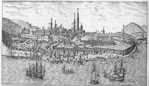 Näkymä Quebecin kaupunkiin Kanadassa (1600-luvun loppu): A. Jardin du Fort. B. Linnoitus. C. Jauhekauppa. D. Les Recollets. E. Ursulines. F. Jesuiitat. G. Katedraali. H. Seminaari. I. Hotelli Dieu. L. General Hospital. Herra L