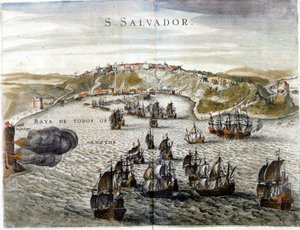 Näkymä Salvadorista, joka tunnettiin aiemmin nimellä Bahia, Brasilian pääkaupunki vuonna 1549, kun se perustettiin - Kaiverrus 1500-luvulta tekijältä Unknown artist