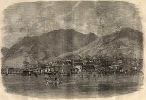 Näkymä Victoria Cityyn Hongkongissa. Kaiverrus "" The Illustrated London News" -julkaisuun 14. maaliskuuta tekijältä Unknown artist