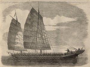 Näkymä kiinalaisesta merirosvolaivasta kantonissa. Kaiverrus "" The Illustrated London News" -julkaisuun 31. tammikuuta tekijältä Unknown artist