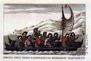 Näkymä kanootille purjeineen Havaijin saarilta Polynesiassa, miehistö käyttää tyypillisiä naamioita. Litografia 1800-luvun alusta tekijältä Unknown artist
