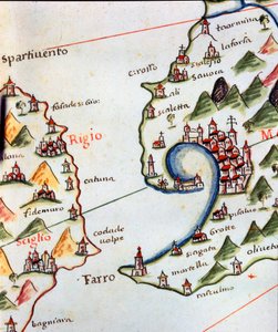 Näkymä Messinan Detroitista Calabrian ja Sisilian välillä Italiassa. Yksityiskohta Castellini-portulanista tekijältä Unknown artist