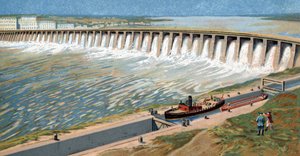 Näkymä Dneprin vesivoimalaitoksesta tai Dneprostroin padosta, jonka Iosef Stalin rakennutti Neuvostoliiton teollistumisen edistämiseksi vuonna 1932 Kromolitografia tekijältä Unknown Artist