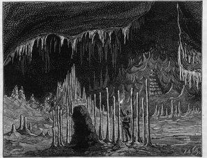 Näkymä "kirkon salille" Dargilanin (Lozere) luolassa. Kaiverrus "" La Nature -kirjaan. Revue des sciences et de ses applications aux arts et a l