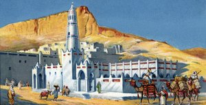 Näkymä Horedan moskeijaan, Hadramaoutin autiomaa, Jemen (Horedan moskeija Hadramaut Jemen) 1930-luvun kromolitografia Yksityiskokoelma tekijältä Unknown Artist
