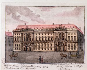 Näkymä Bohemen ja Itävallan liittokanslerin hotellista Wienissä, Itävallassa. Kaiverrus 1815 Yksityiskokoelmasta tekijältä Unknown artist