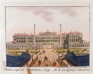 Näkymä Schonbrunnin keisarilliseen linnaan (Schonbrun) (1500-1600-luku) lähellä Wieniä, Itävalta Kaiverrus 1815 Yksityinen kokoelma tekijältä Unknown artist