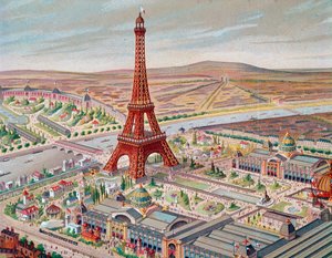Näkymä yleisnäyttelyyn eri paviljongien ja Eiffel-tornin kanssa tekijältä Unknown artist