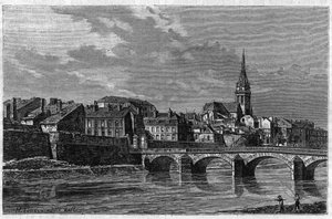 Näkymä Mezieresin kaupunkiin 1800-luvun lopulla. Kaiverrus "" le journal de la Jeunesse "" vuodelta 1888. tekijältä Unknown artist