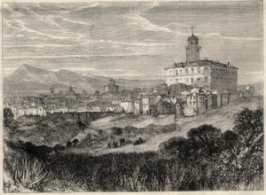 Näkymä Monterotondon kaupunkiin (Monte Rotondo, Monte-Rotondo) Italiassa. Kaiverrus "" L