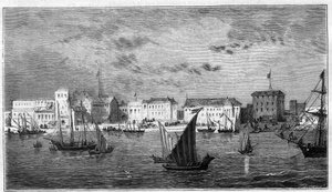 Näkymä Sansibarin kaupungista Afrikassa. Vasemmalla Ranskan konsulaatti. Oikealla sulttaanin palatsi ja arsenaali. Kaiverrus kirjaan "The Universe Illustrious" tekijältä Unknown artist