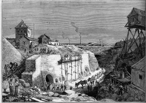 Näkymä Villejuifin juomavesisäiliöiden rakennustyömaalta. Kaiverrus "" Le Monde Illustré" -julkaisussa nro 1300, 25. helmikuuta tekijältä Unknown artist