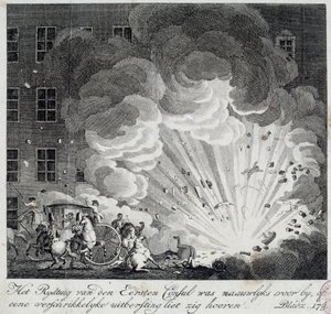 Näkymä helvetin koneen räjähdyksestä rue Saint Nicaise -kadulla Pariisissa 3. nivose IX. Helvettikoneiston salaliitto on salaliitto tappaa Napoleon Bonaparte, uusi ensimmäinen konsuli 18 Brumairen vallankaappauksen jälkeen. Sisään tekijältä Unknown artist
