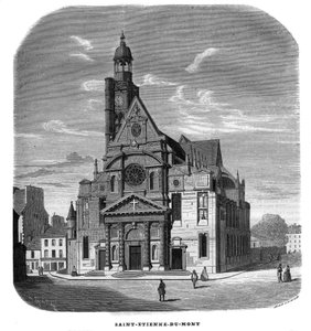 Näkymä Saint-Etienne-du-Mont-kirkon julkisivusta, Place Sainte-Genevieve (Saint Etienne du Mont) Pariisissa 5. kaupunginosassa vuonna 1858. tekijältä Unknown artist