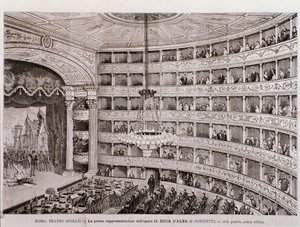 Näkymä oopperan Alban herttua ensiesittelystä Teatro Apollossa, Roomassa tekijältä Unknown artist